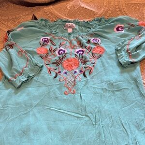 Chic Teal Blouse with Vibrant Embroidery